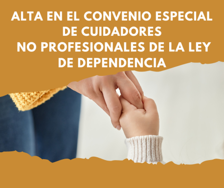 Mano adulta sosteniendo la mano de un niño, con texto sobre cuidadores y ley de dependencia.